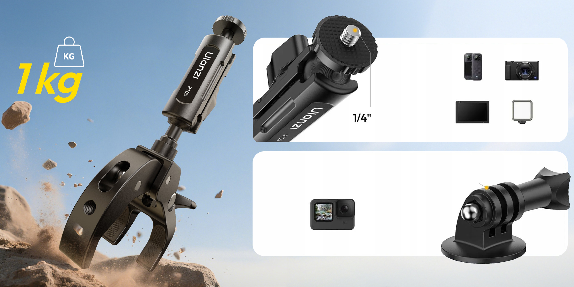 width=100% Ramię montażowe Ulanzi R105 z uchwytem Super Clamp z prezentacją gwintu 1/4", adaptera GoPro oraz z informacją o udźwigu 1 kg